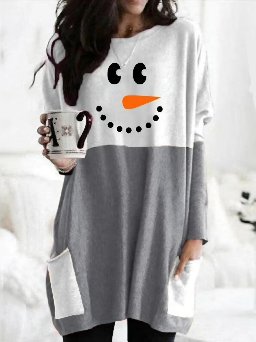Cozy Snowman Colorblock Lounge Dress White & Gray with Orange Carrot Nose 2X